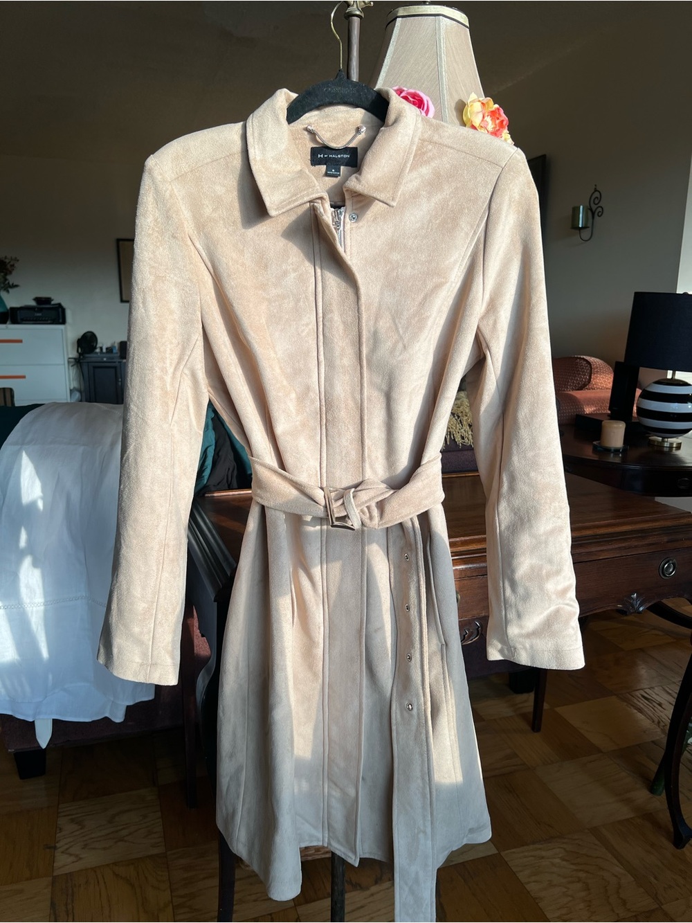 H by Halston Women's Light Beige Belted Suede Trench Coat